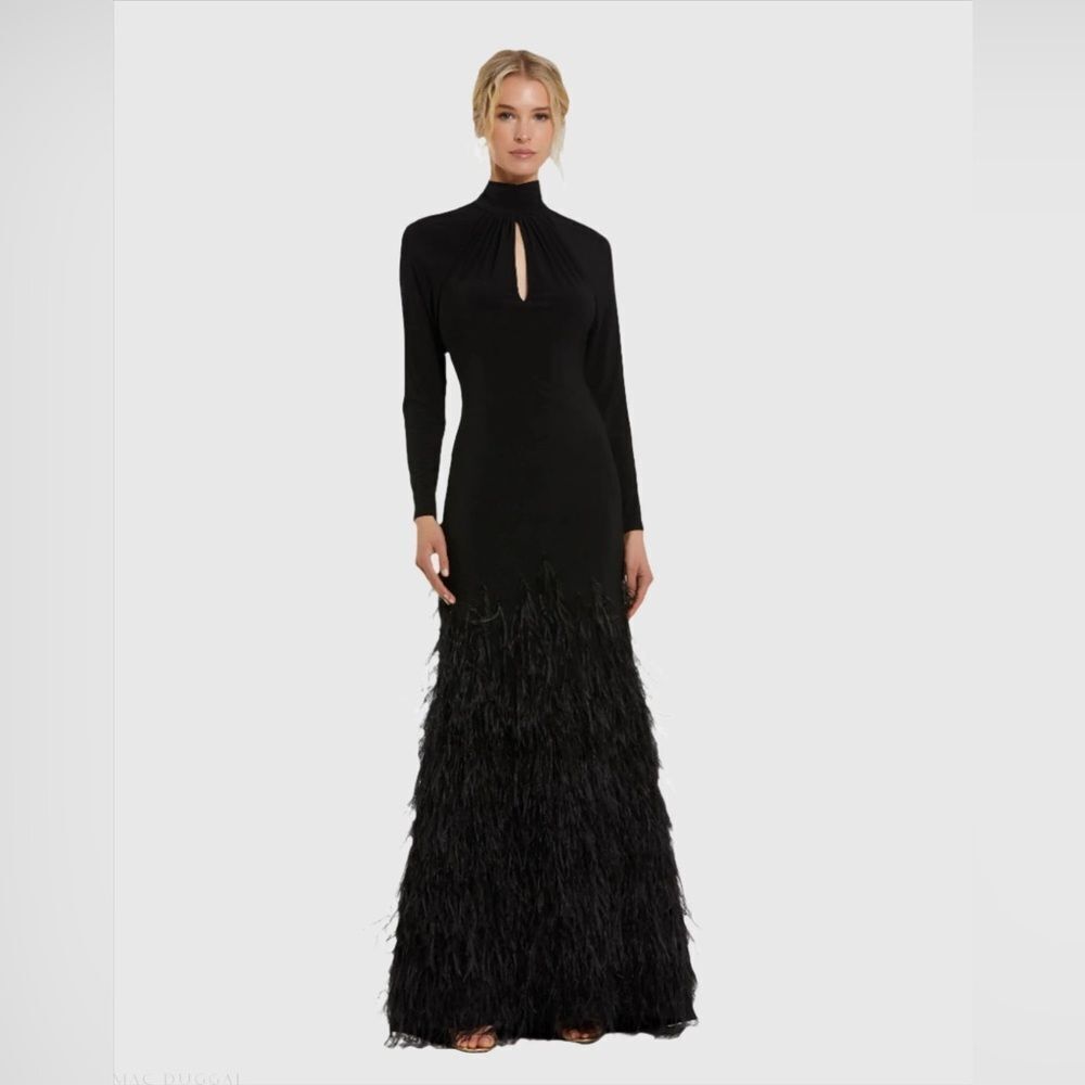 MAC DUGGAL  11839 Black Jersey Long Sleeve High Neck Feather Gown - Picture 5 of 16
